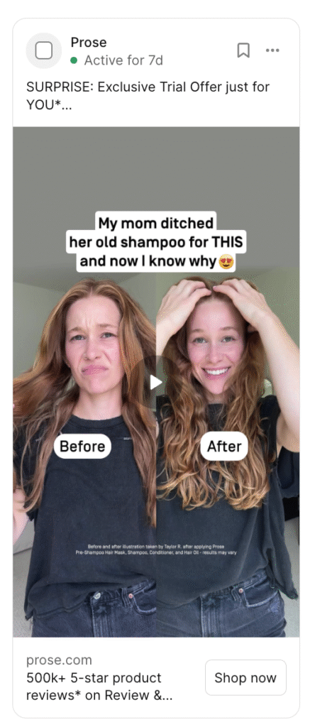 Example of a before and after easy facebook ad for a haircare brand.